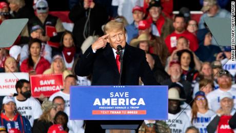 Former US President Donald Trump gestures as he speaks during a &quot;Save America&quot; rally in Conroe, Texas on January 29, 2022. (Photo by Mark Felix / AFP) (Photo by MARK FELIX/AFP /AFP via Getty Images)