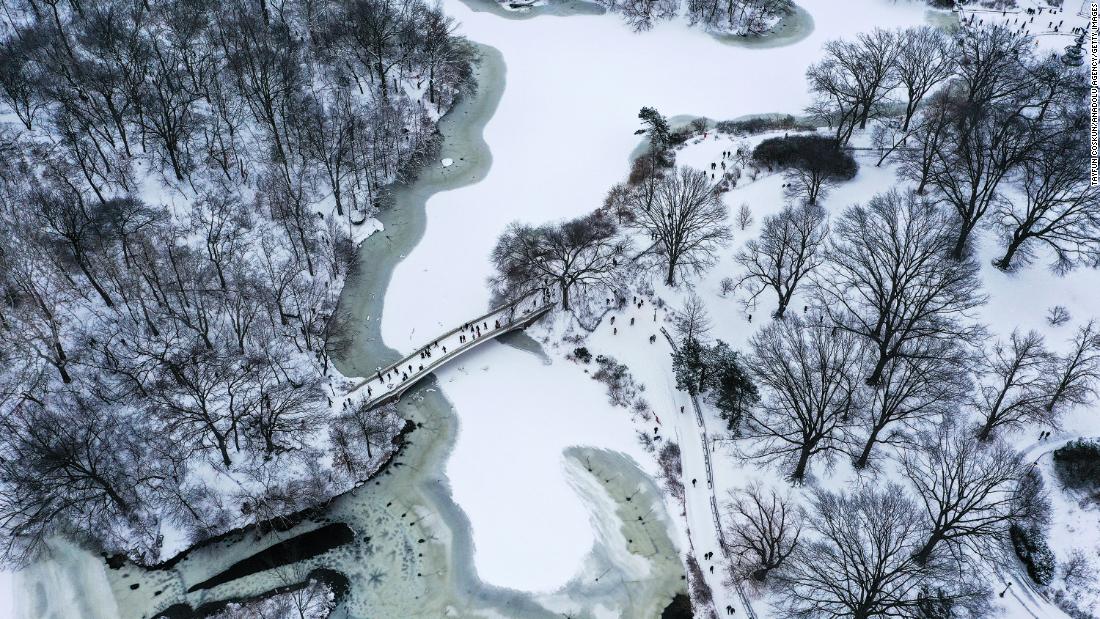 An aerial view shows snow covering Central Park in New York, on January 29.