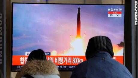 People watch a TV showing a file image of North Korea&#39;s missile launch during a news program at the Seoul Railway Station in Seoul, South Korea, Sunday, Jan. 30, 2022.