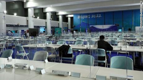 Journalists work inside the media center ahead of the Beijing 2022 Winter Olympics, in Beijing, January 31.