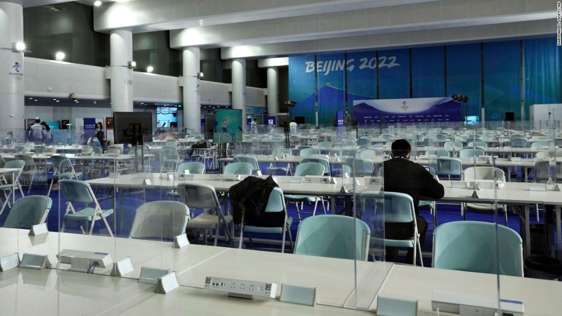 Journalists work inside the media center ahead of the Beijing 2022 Winter Olympics, in Beijing, January 31.