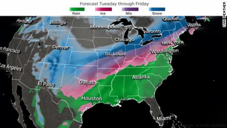 Forecast rain (in green), snow (in blue), and ice (in pink and purple) accumulation this week from Tuesday through Friday.