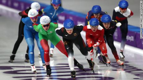 Germany&#39;s Claudia Pechstein competes during the Ladies&#39; Speed Skating Mass Start Final at PyeongChang 2018.