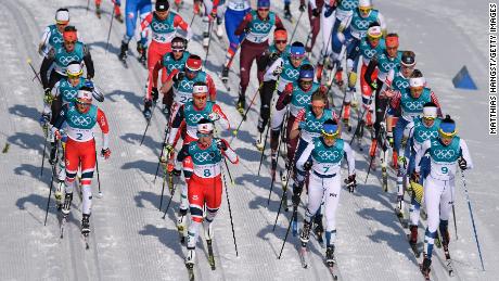 Marit Bjoergen of Norway (8) leads the field during the Ladies&#39; 30km Mass Start Classic at the PyeongChang 2018 Winter Olympics.