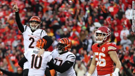 Kicker Evan McPherson #2 of the Cincinnati Bengals celebrates after kicking the game winning field goal in overtime against the Kansas City Chiefs in the AFC Championship Game on Sunday