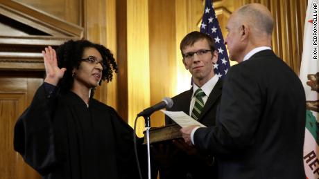 In this January 5, 2015, file photo, Leondra Kruger is sworn in as an associate justice to the California Supreme Court by Gov. Jerry Brown.