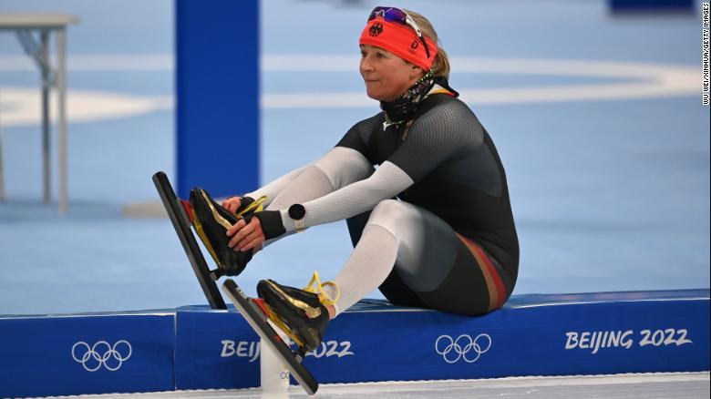 Claudia Pechstein takes part in a training session in Beijing.