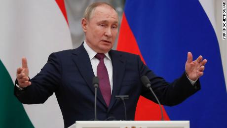 Russian President Vladimir Putin gestures while speaking to the media during a joint news conference with Hungary&#39;s Prime Minister Viktor Orban following their talks in the Kremlin in Moscow, Russia, Tuesday, Feb. 1, 2022. Putin says the U.S. and its allies have ignored Russia&#39;s top security demands. In his first comments on the standoff with the West over Ukraine in more than a month, Putin said Tuesday that the Kremlin is still studying the U.S. and NATO&#39;s response to the Russian security demands received last week. (Yuri Kochetkov/Pool Photo via AP)