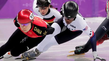 Biney races during her women&#39;s 1,500 meters short track speed skating heat at the 2018 Winter Olympics in Gangneung, South Korea.