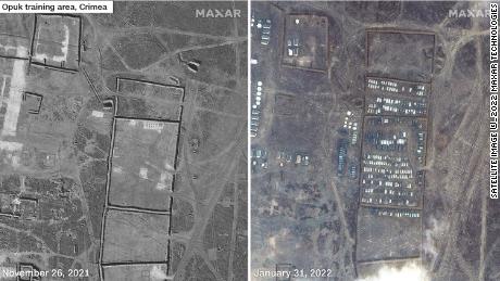 Tento satelitní snímek ukazuje zvýšenou přítomnost ruské vojenské techniky.