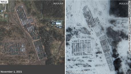 Obrněné jednotky a podpůrná zařízení jsou vidět v Yelnya, Rusko.