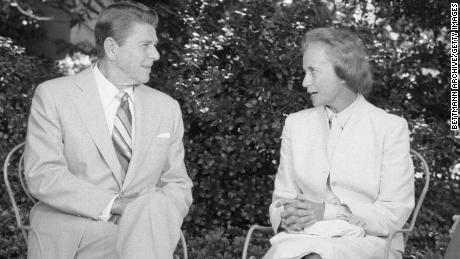 President Ronald Reagan sits with Sandra Day O'Connor in the Rose Garden, July 15, 1981. O'Connor, on a courtesy call to the President, was chosen by Reagan to be the first woman Supreme Court justice.