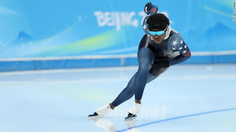 American Erin Jackson during a speed skating practice session ahead of the Beijing 2022 Winter Olympic Games.