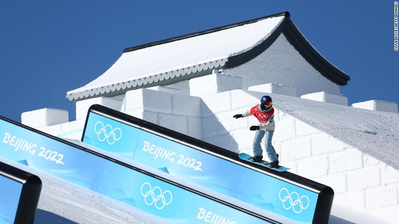 China&#39;s Su Yiming performs a trick during a Men&#39;s Slopestyle training session ahead of the Beijing 2022 Winter Olympic Games on February 2, 2022.