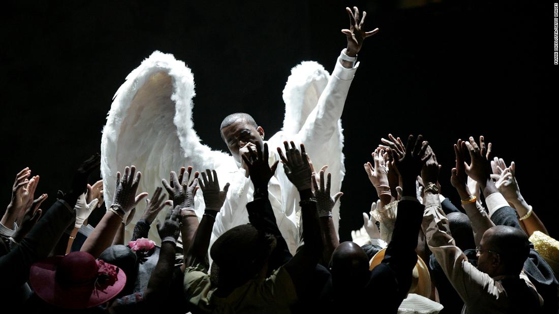 West performs &quot;Jesus Walks&quot; on stage during the Grammy Awards in 2005. It won Best Rap Song that year, and &quot;The College Dropout&quot; won Best Rap Album.
