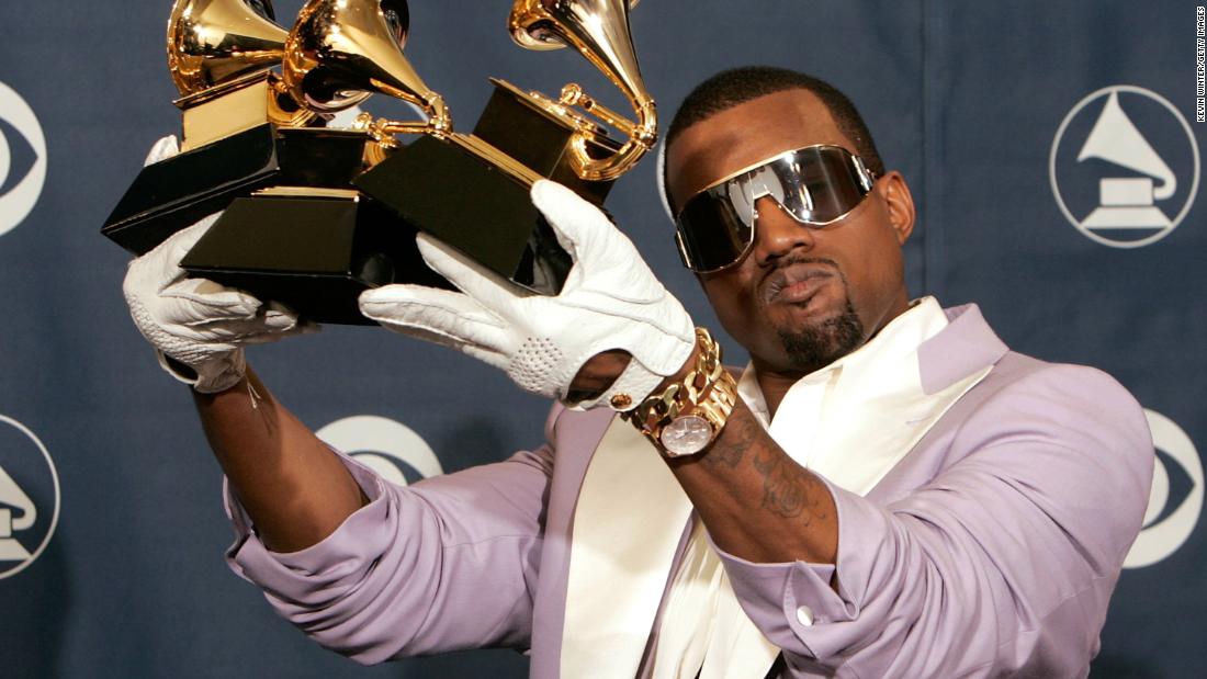 West poses with his awards at the 2006 Grammys. His second album, &quot;Late Registration,&quot; won Best Rap Album. &quot;Diamonds from Sierra Leone&quot; won Best Rap Song, and &quot;Gold Digger&quot; won Best Rap Solo Performance.