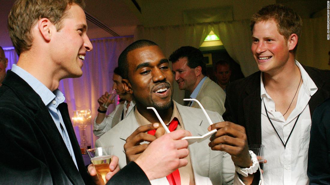 West shares a joke with Prince Harry and Prince William while in London in 2007. 