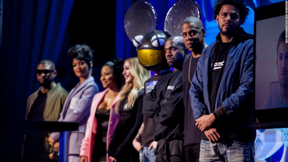 West and other musicians appear at the announcement of Jay-Z&#39;s Tidal music service in 2015.