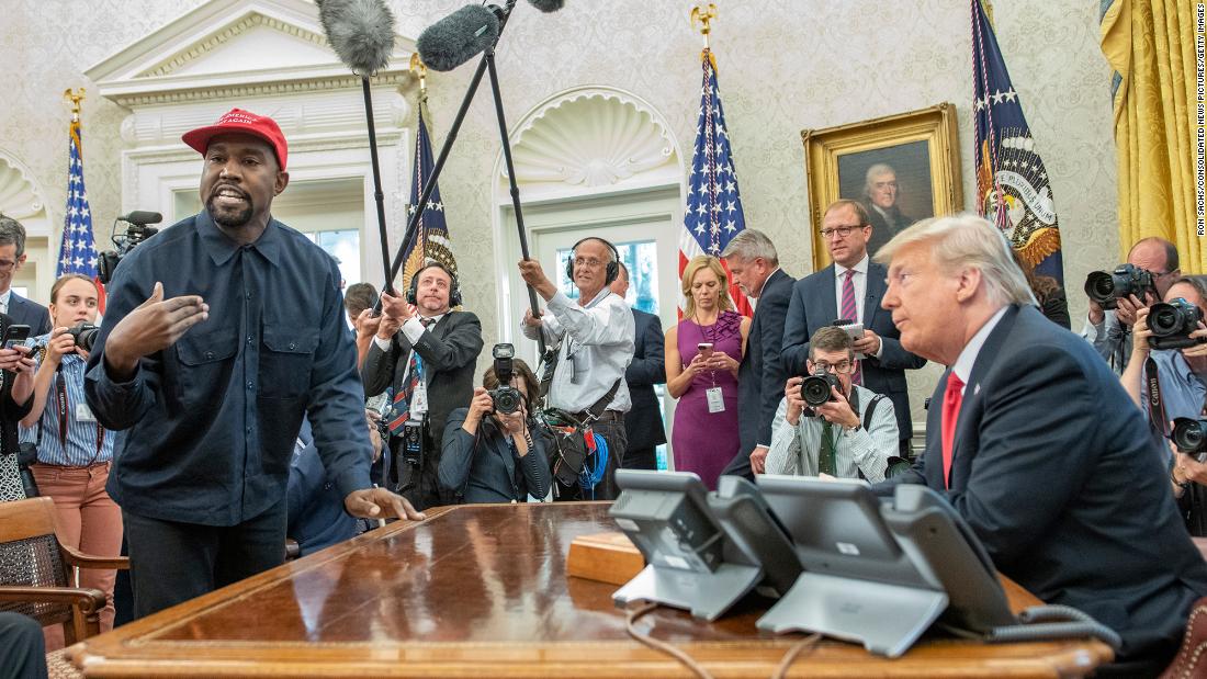 West talks with President Donald Trump in the White House Oval Office in 2018. West and football legend Jim Brown &lt;a href=&quot;https://www.cnn.com/2018/10/11/politics/kanye-west-donald-trump-white-house-chicago/index.html&quot; target=&quot;_blank&quot;&gt;had been invited for a working lunch&lt;/a&gt; to discuss topics such as urban revitalization, workforce training programs and how best to address crime in Chicago.
