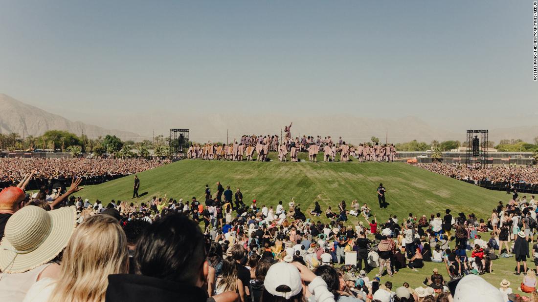 West performs atop a miniature mountain made specifically for his set at the Coachella Valley Music and Arts Festival in 2019.