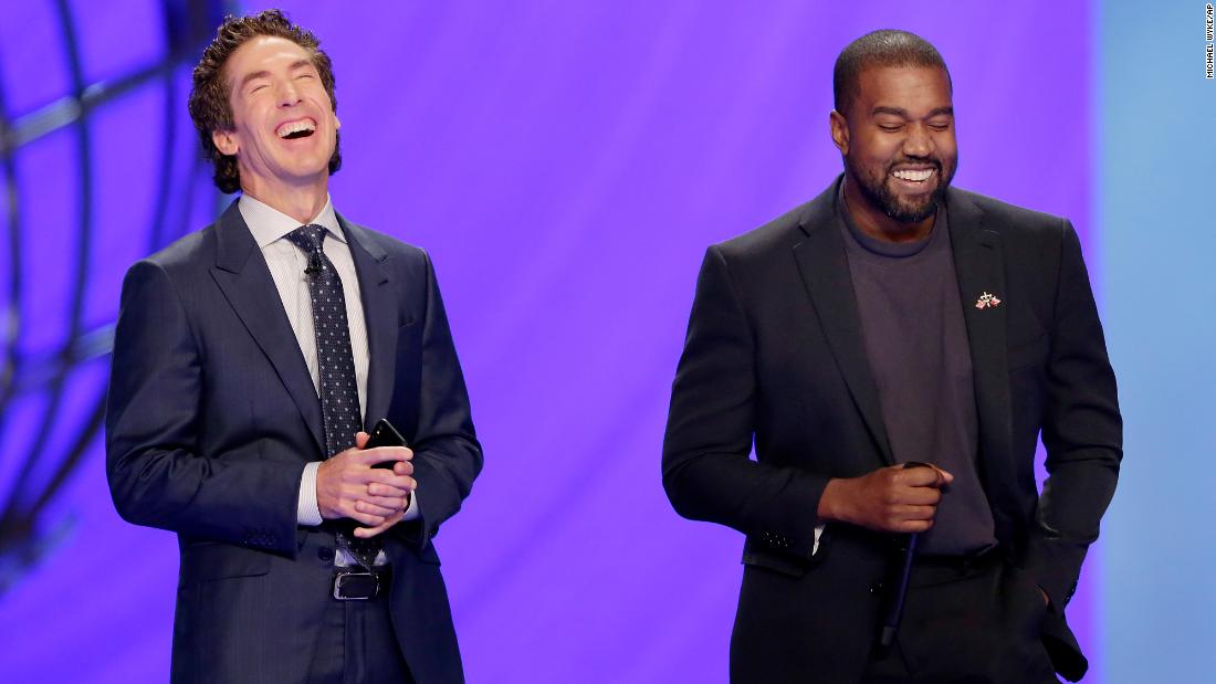 West makes a joke next to pastor Joel Osteen while leading a prayer at Osteen&#39;s Lakewood Church in Houston in 2019. West also put on one of his &lt;a href=&quot;https://www.cnn.com/2019/11/16/us/kanye-west-lakewood-church-ticket-scalping-trnd/index.html&quot; target=&quot;_blank&quot;&gt;&quot;Sunday Service&quot; performances&lt;/a&gt; at the church.