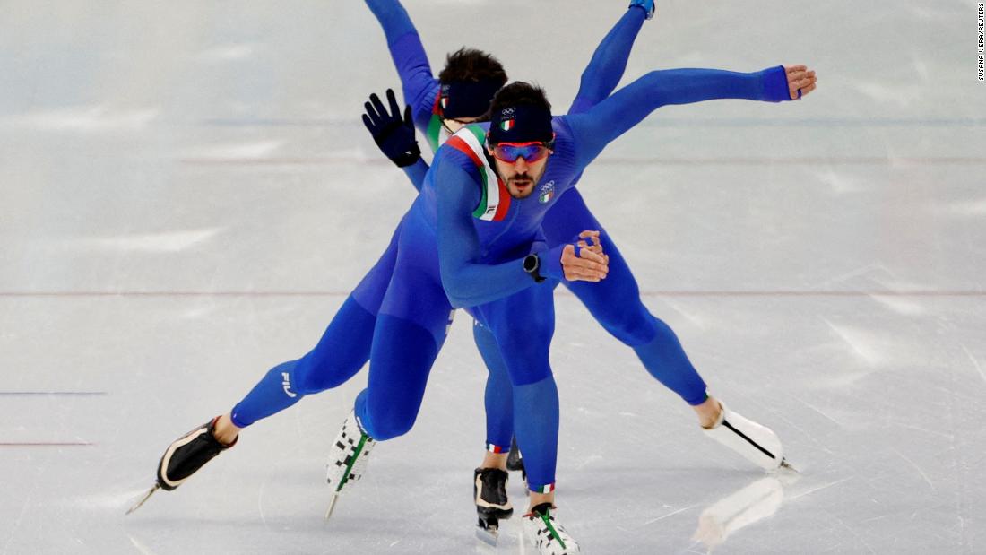Speedskaters with the Italian Olympic team practice on February 2.