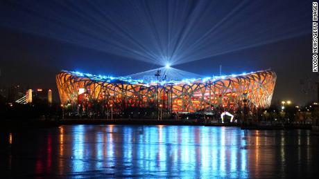 The National Stadium is lit up in Beijing on February 2, two days before it hosts the opening ceremony of the Winter Olympics.