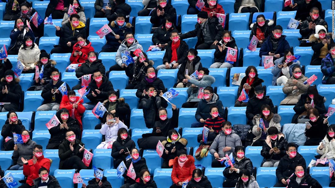 Socially distanced spectators look on prior to the Men&#39;s Single Skating Short Program Team Event on February 04.
