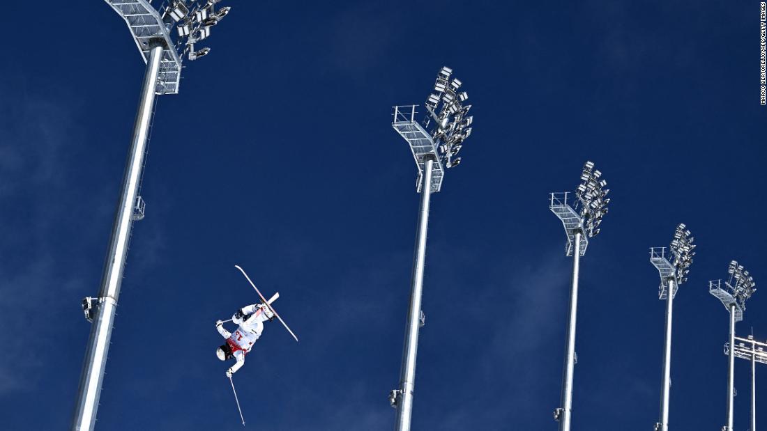 France&#39;s Sacha Theocharis takes part in a moguls practice session on February 4.
