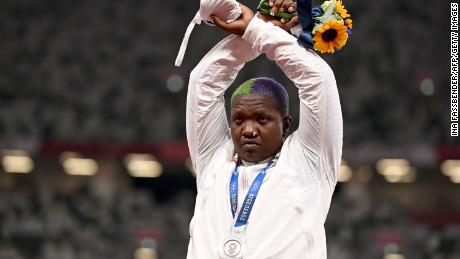 Second-placed USA&#39;s Raven Saunders gestures on the podium with her silver medal after competing the women&#39;s shot put event during the Tokyo 2020 Olympic Games at the Olympic Stadium in Tokyo on August 1, 2021. 