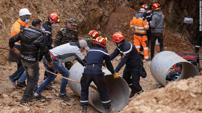 Moroccan emergency services teams work to rescue 5-year-old Rayan from a well shaft he fell into on February 1.