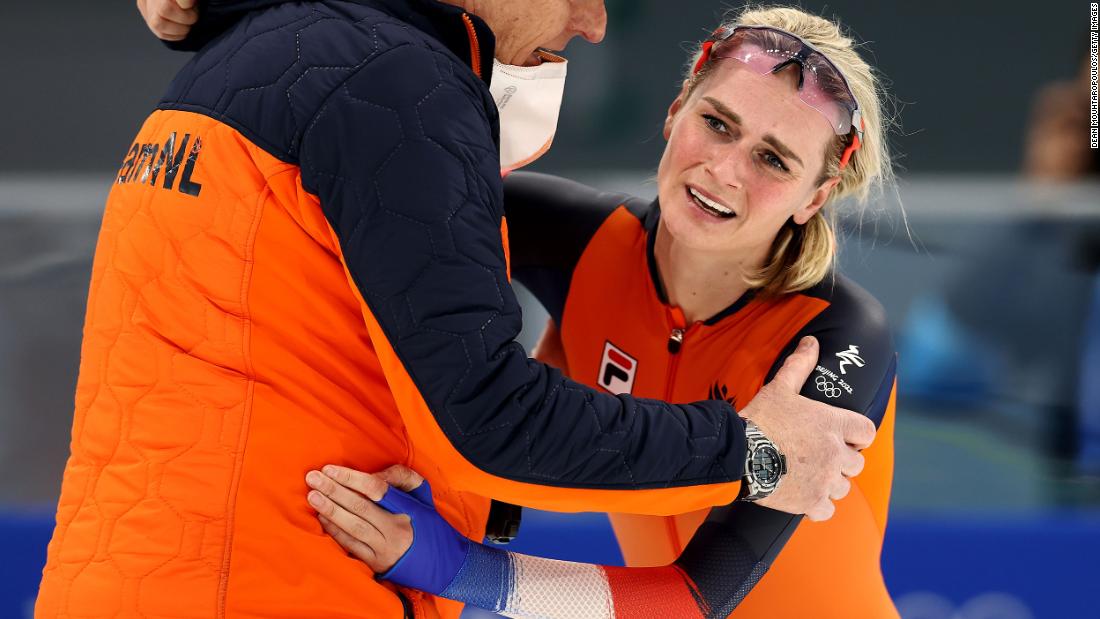 Dutch speedskater Irene Schouten celebrates after winning the women&#39;s 3,000 meters on February 5. Schouten set a new Olympic record in the event, breaking a 20-year-old record set at the 2002 Games in Salt Lake City.