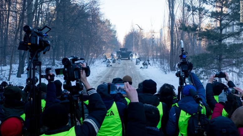 Journalists film Ukrainian live fire exercises in the abandoned town of Pripyat, in the Chernobyl Exclusion Zone, on February 4.