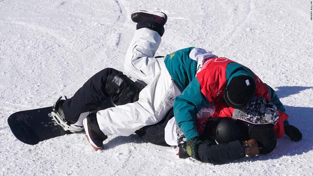 New Zealand snowboarder Zoi Sadowski-Synnott, bottom, is tackled by the United States&#39; Julia Marino and Australia&#39;s Tess Coady after her final slopestyle run on February 6. Sadowski-Synnott &lt;a href=&quot;https://www.cnn.com/world/live-news/beijing-winter-olympics-02-06-22-spt/h_313bd248a76b7d0101ec6b03c5aa9160&quot; target=&quot;_blank&quot;&gt;made history&lt;/a&gt; by winning her country&#39;s first-ever gold in the Winter Olympics. Marino won the silver and Coady won the bronze.