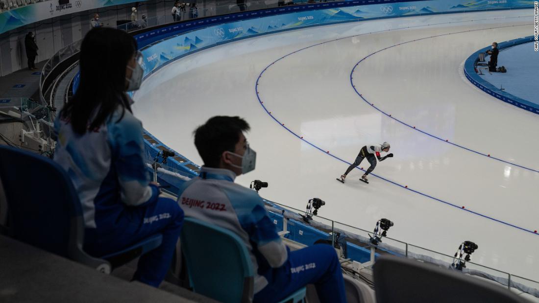 Japanese speedskater Seitaro Ichinohe skates in a mostly empty arena during the men&#39;s 5,000 meters on February 6.