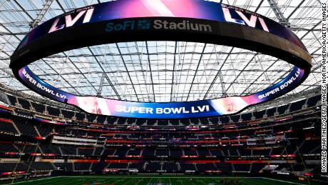 INGLEWOOD, CALIFORNIA - FEBRUARY 01: A view of SoFi Stadium as workers prepare for Super Bowl LVI on February 01, 2022 in Inglewood, California.  (Photo by Ronald Martinez / Getty Images)