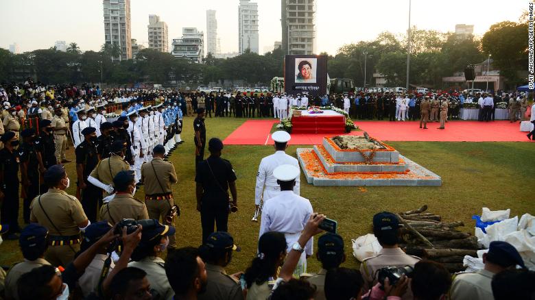 The mortal remains of Bollywood singer Lata Mangeshkar, draped in the national flag, during her funeral ceremony at Shivaji Park in Mumbai on 06, February 2022. 