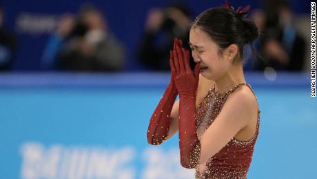 China&#39;s Zhu Yi cries after competing in the women&#39;s single skating free skating during the Beijing 2022 Winter Olympic Games on February 7, 2022.