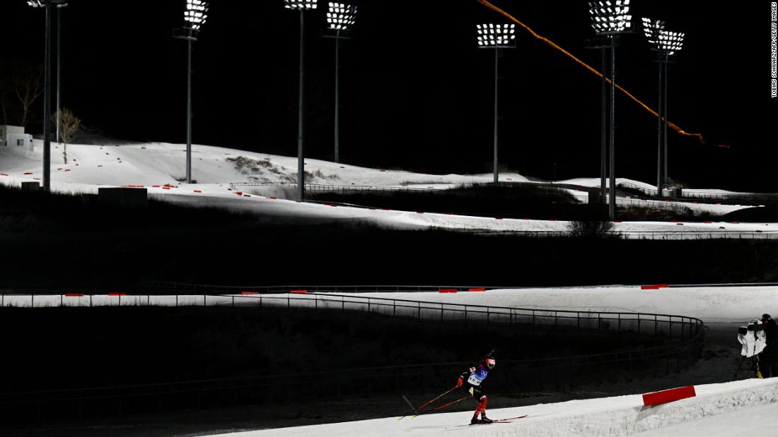 Canada&#39;s Emily Dickson competes in the 15-kilometer biathlon on February 7.