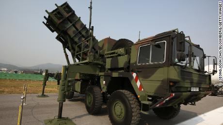 An MIM-104 Patriot surface-to-air missile system stands on display at the Seoul International Aerospace &amp; Defense Exhibition (ADEX) at Seoul Airport in Seongnam, South Korea, in October 2015.