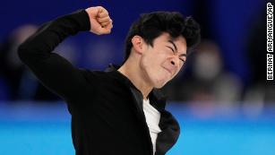 Nathan Chen, of the United States, reacts following the men&#39;s short program figure skating competition at the 2022 Winter Olympics, Tuesday, Feb. 8, 2022, in Beijing. (AP Photo/Bernat Armangue)
