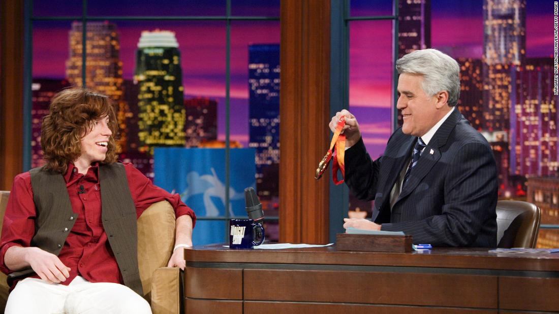 White is interviewed by late-night talk show host Jay Leno after his Olympic triumph in 2006.