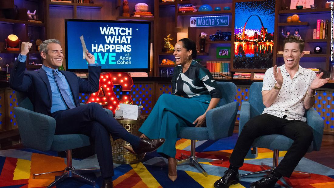 White and actress Tracee Ellis Ross appear with host Andy Cohen on an episode of &quot;Watch What Happens Live&quot; in 2017.