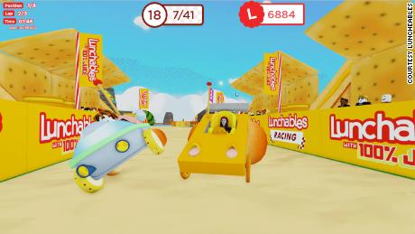 A Roblox avatar races in a Lunchables kart within the Lunchables Racing game in Roblox.