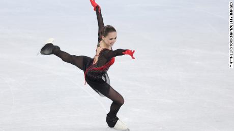 The ROC&#39;s Valieva during the women singles free skating team event on day three of the Beijing 2022 Winter Olympic Games on February 7, 2022.