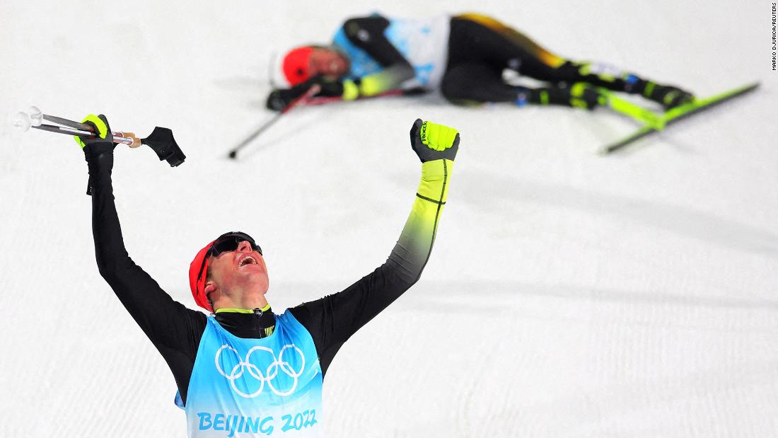 Germany&#39;s Vinzenz Geiger celebrates after winning gold in a Nordic combined event on February 9. He was 11th after the ski jumping portion of the competition, and he started the cross-country race nearly a minute and a half behind the leader. But he rallied to make up the ground and cross the finish line first.