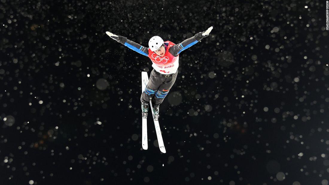 Belarus&#39; Anna Derugo performs a trick as she practices for the mixed team aerials event on February 10.