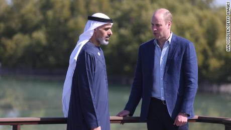 Prince William, Duke of Cambridge, tours Abu Dhabi&#39;s wetlands at the carbon-friendly Jubail Mangrove Park with Sheikh Khaled bin Mohamed bin Zayed Al Nahyan, Chairman of Abu Dhabi Executive Office, on Thursday. The prince will be representing the UK at the Dubai Expo to promote British culture.  