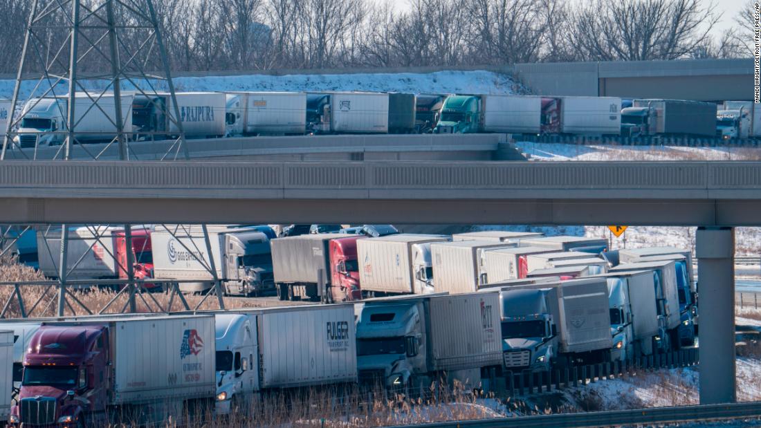 The Ambassador Bridge closing slowed supplies to US automakers. It also caused major traffic jams, such as this one, which diverted vehicles to the Blue Water Bridge in Port Huron, Michigan, on Wednesday, February 9.