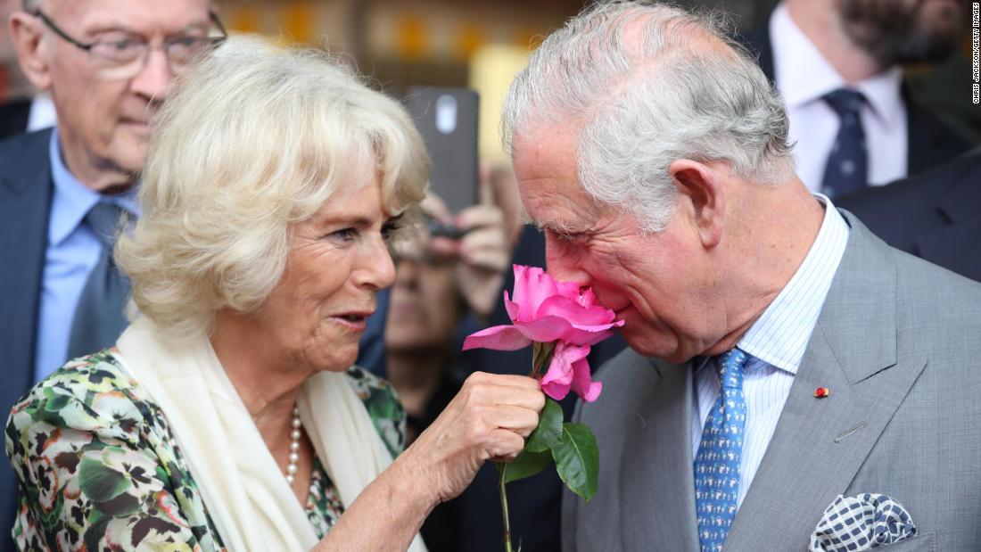 Charles and Camilla visit a flower market in Nice, France, in May 2018.